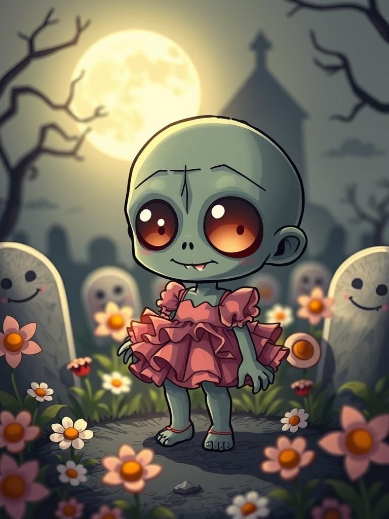 Adorable Chibi Zombie in Gothic Whimsical Graveyard