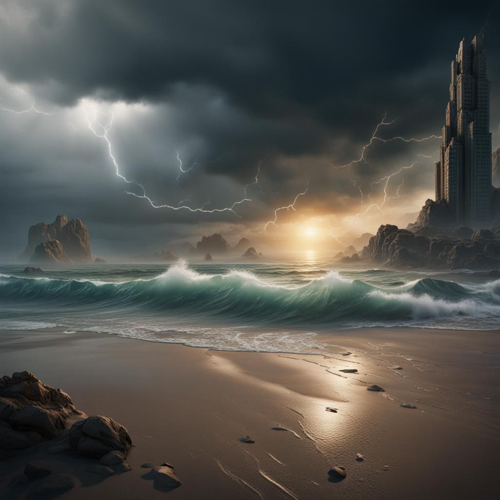 Stormy Beach Scene in Detailed Matte Painting Style