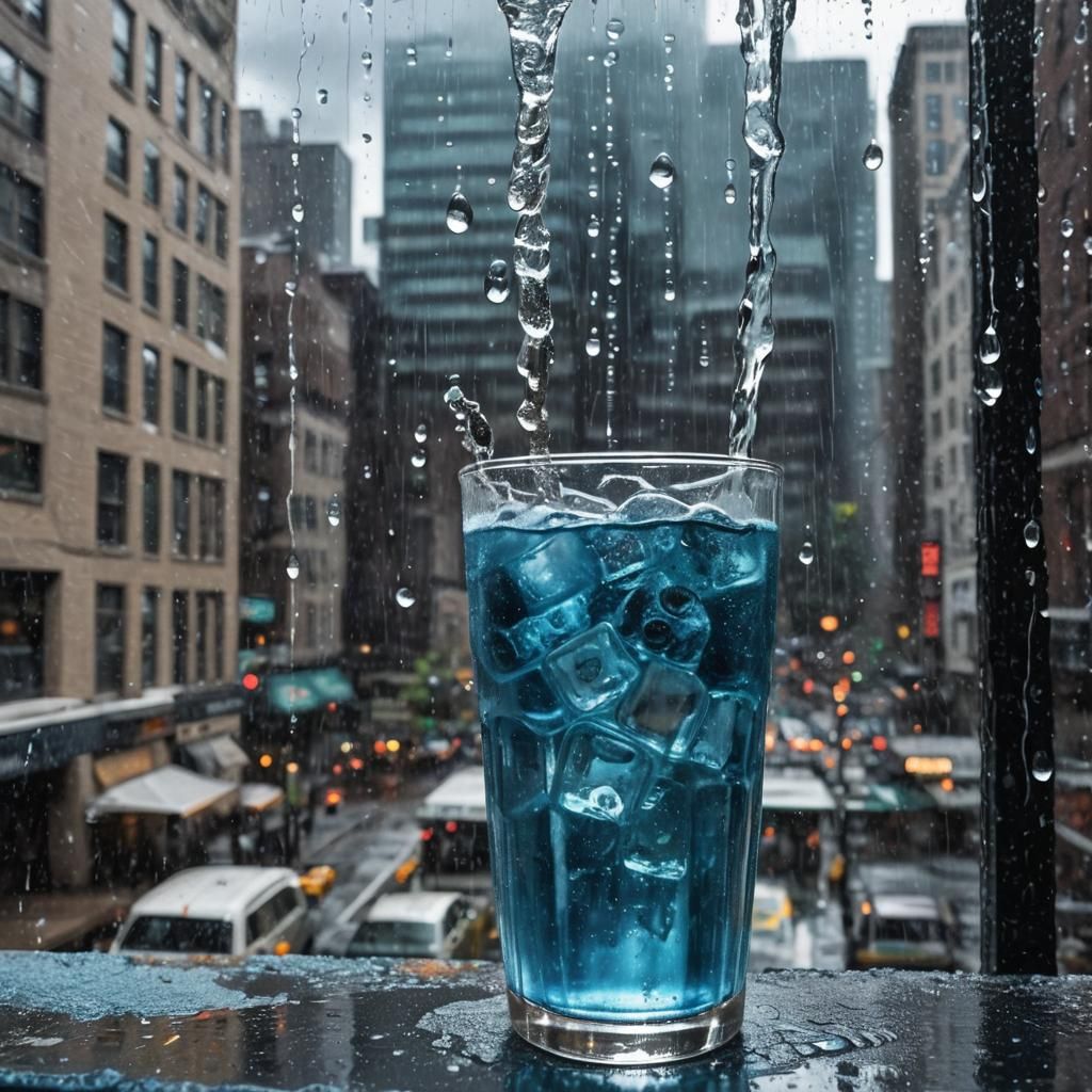 Cityscape View with Soda Rain in Photorealistic Style