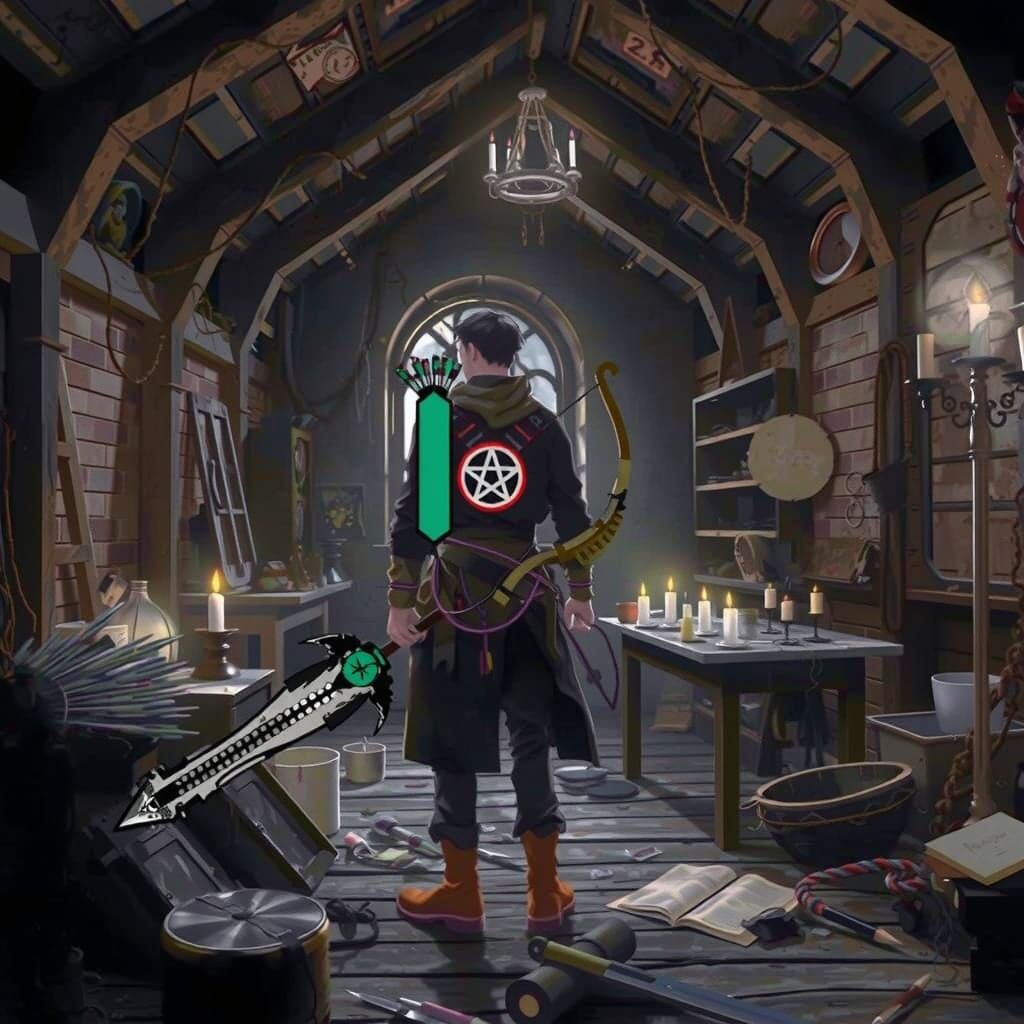 Young Adult in Hidden Attic with Longbow and Sword