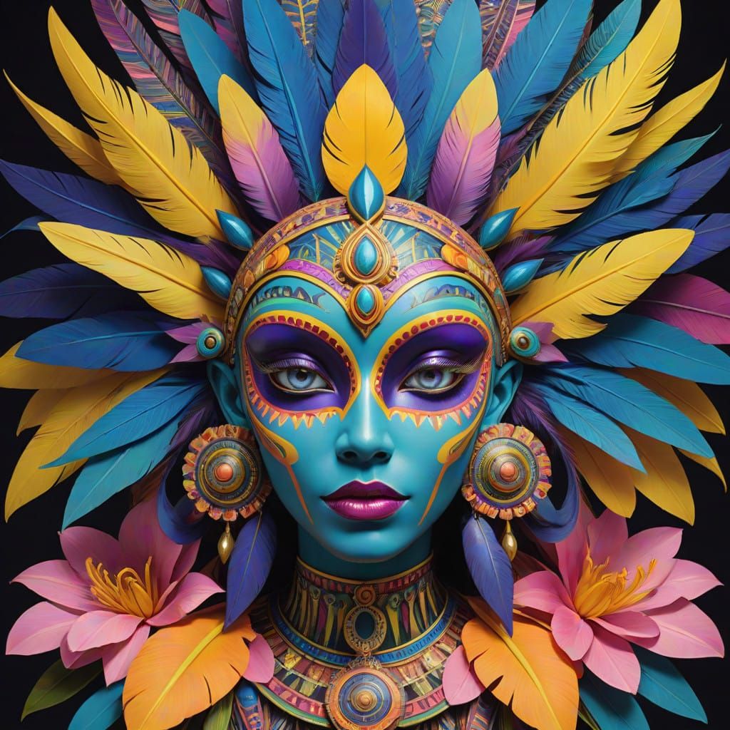 Vibrant, Stylized Deity Mask with Radiant Headdress