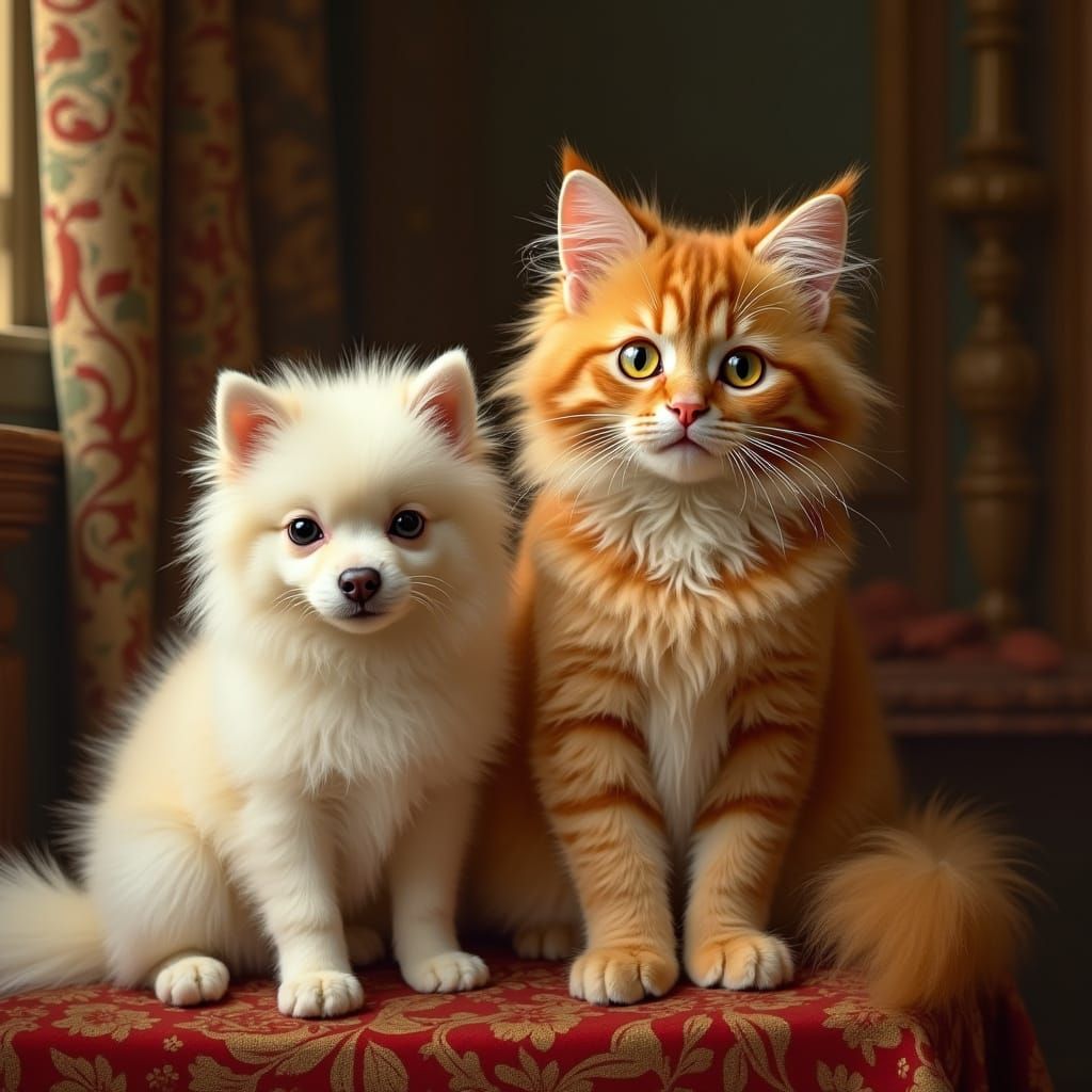 Vibrant Orange Cat and White Pomeranian in Cozy Italian Vill...
