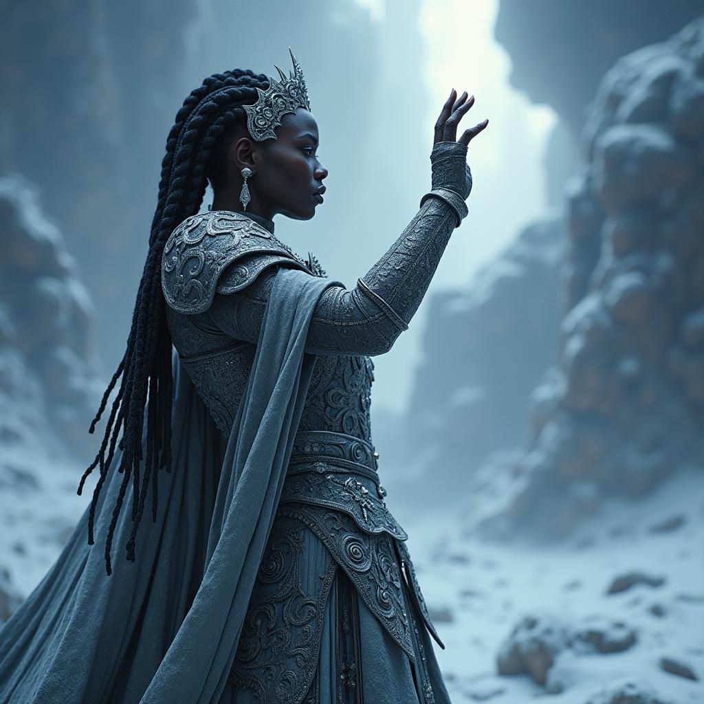 Ebony Queen Commands a Blizzard in Art Nouveau Style