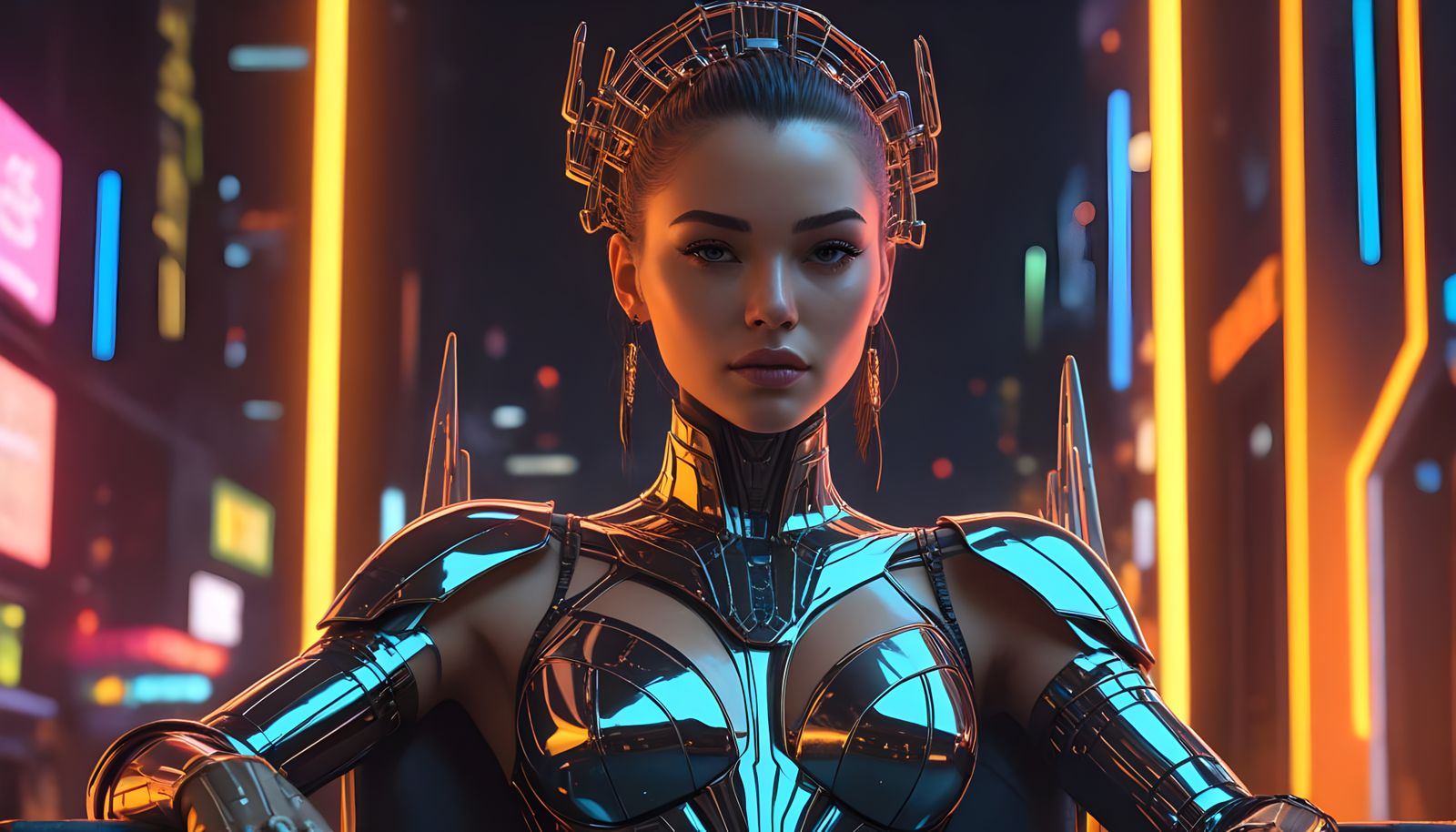 Cybernetic Queen Ruling Neon Metropolis as Digital Art