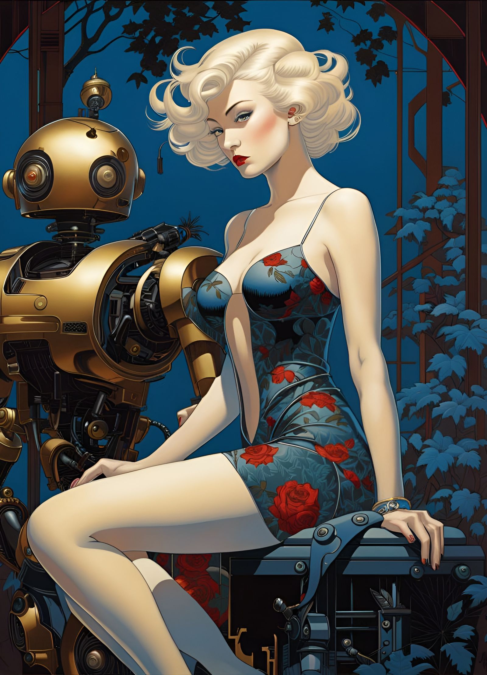 Surreal Pin-Up Girl and Robot Dark Art