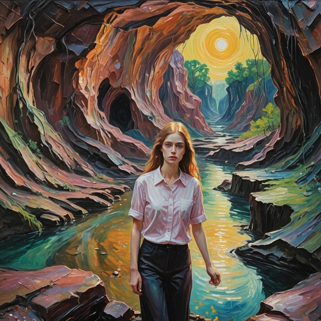 Woman in Cavern, Impasto Oil Painting in Junglepunk Style