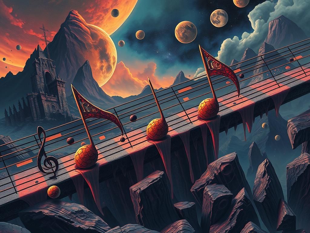 Surreal Landscape with Warped Musical Notes in Dreamlike Sty...