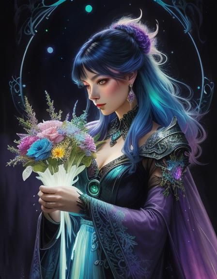 Bioluminescent Bouquet: Fantasy Watercolor Portrait