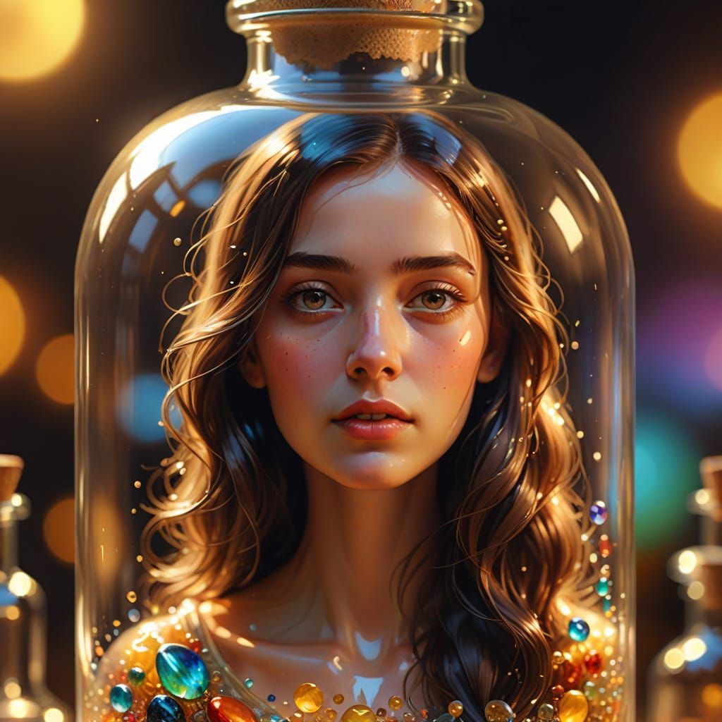 Surreal Woman Portrait in Glass Bottle
