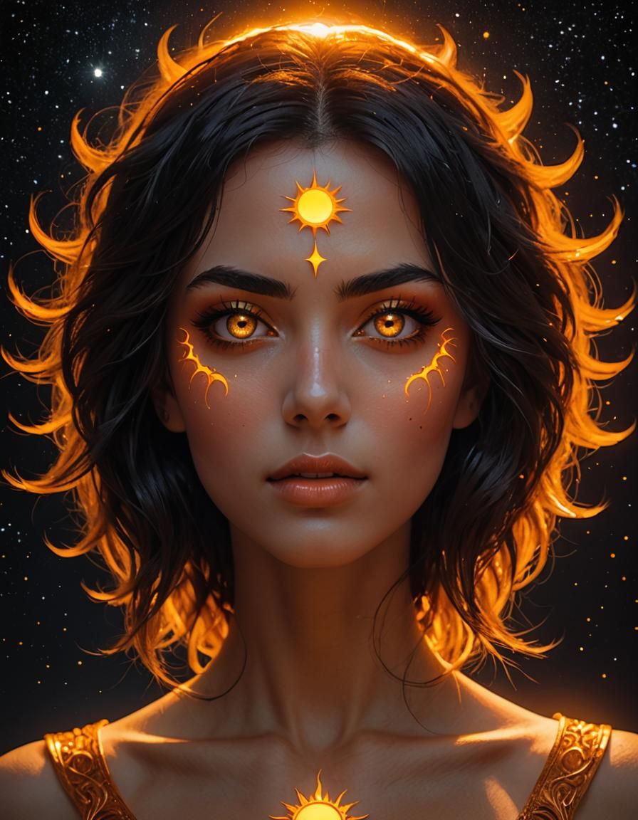 Radiant Sun Goddess in Starry Sky