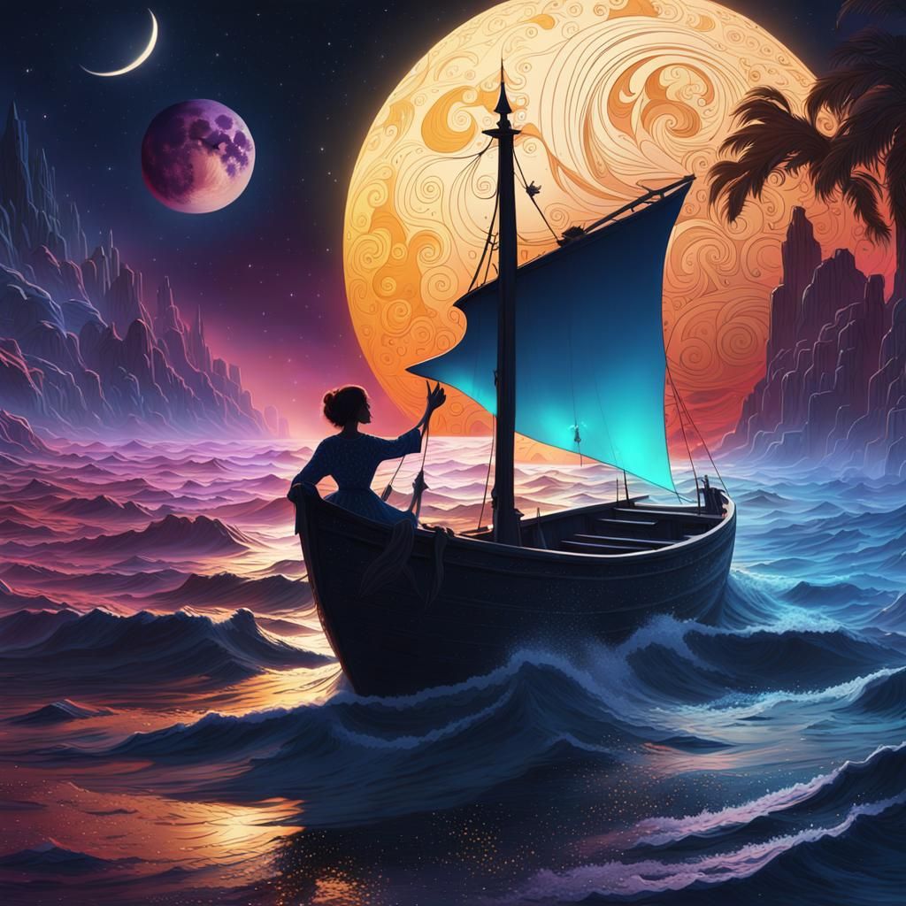 Psychedelic Silhouette: Woman's Voyage by Starlight