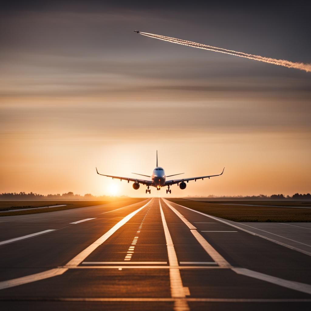 Plane Landing on Runway at Dawn