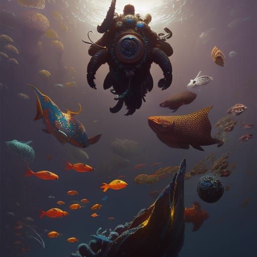 Underwater Diver and Kraken, Art Nouveau Style