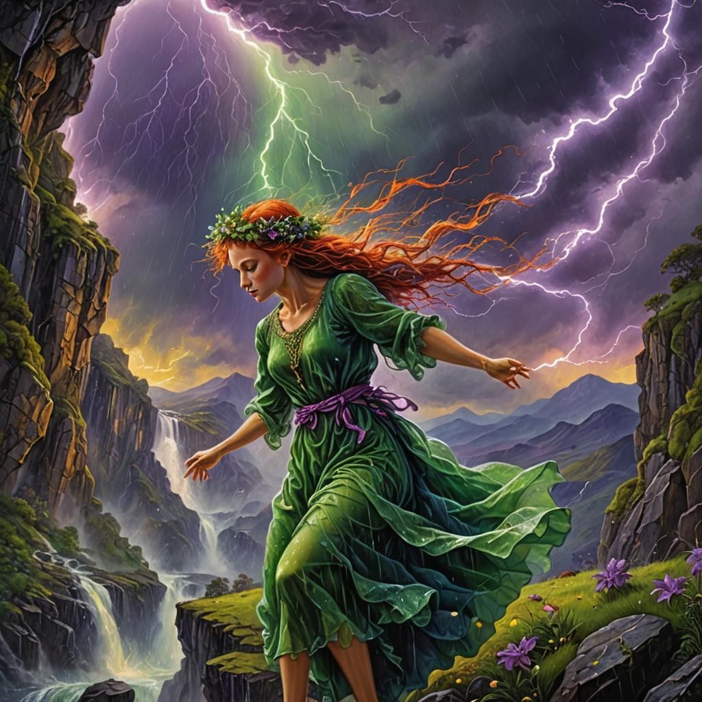 Redhead Sylph on Cliff with Lightning Waterfall
