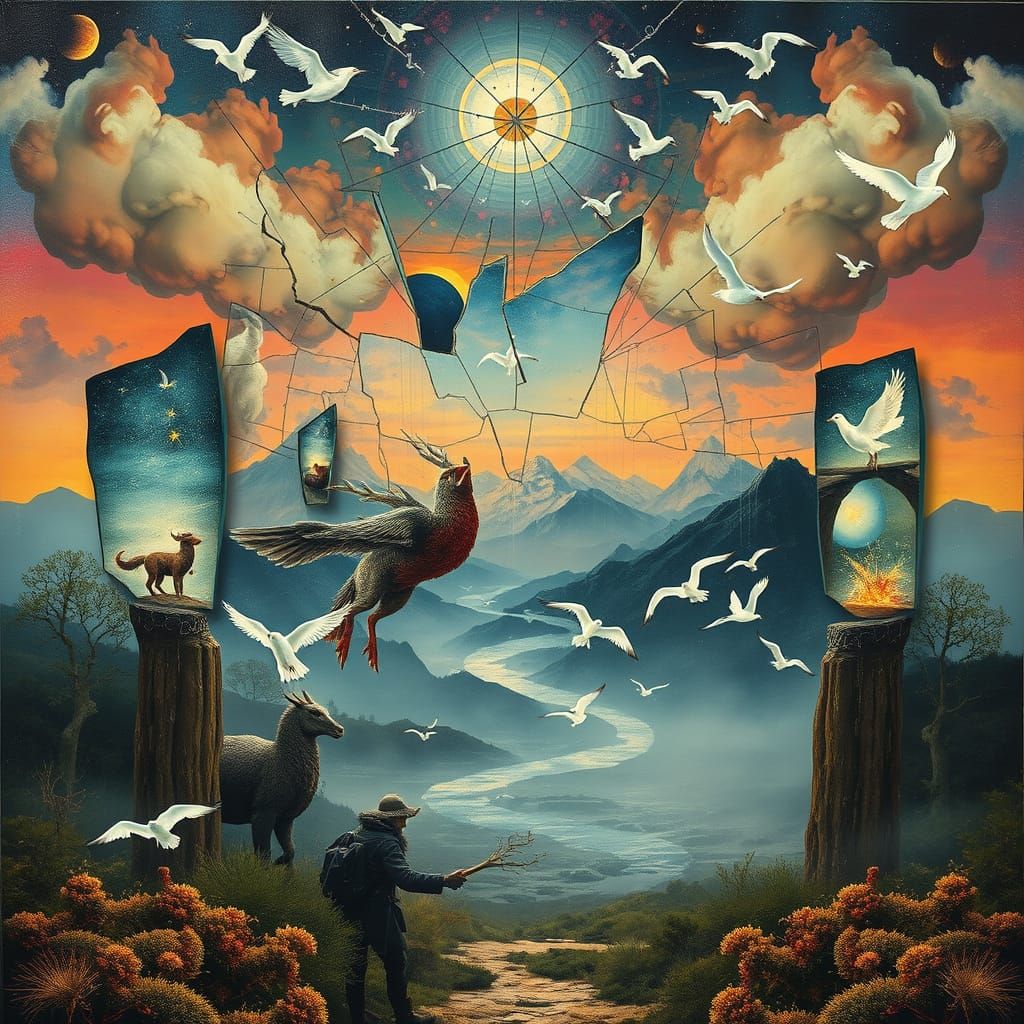 Surreal Collage of Mythical Creatures in Dreamlike Landscape