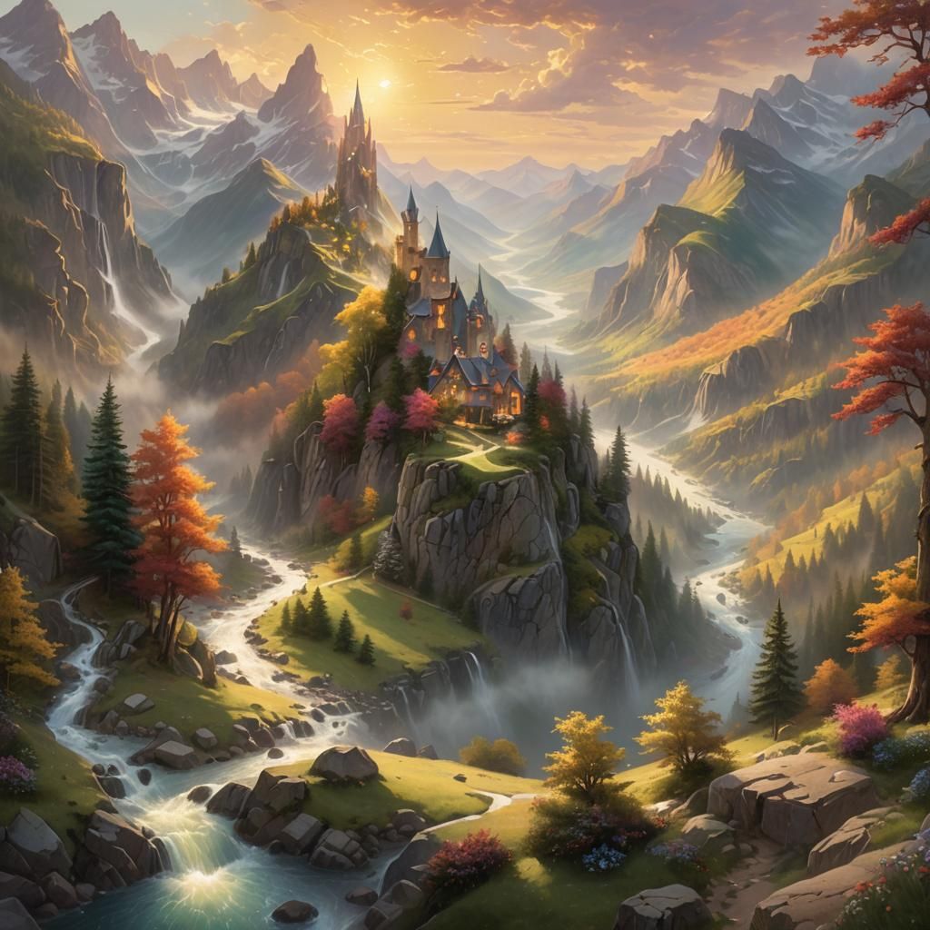 Ethereal Fantasy Landscape with Colorful Mountains