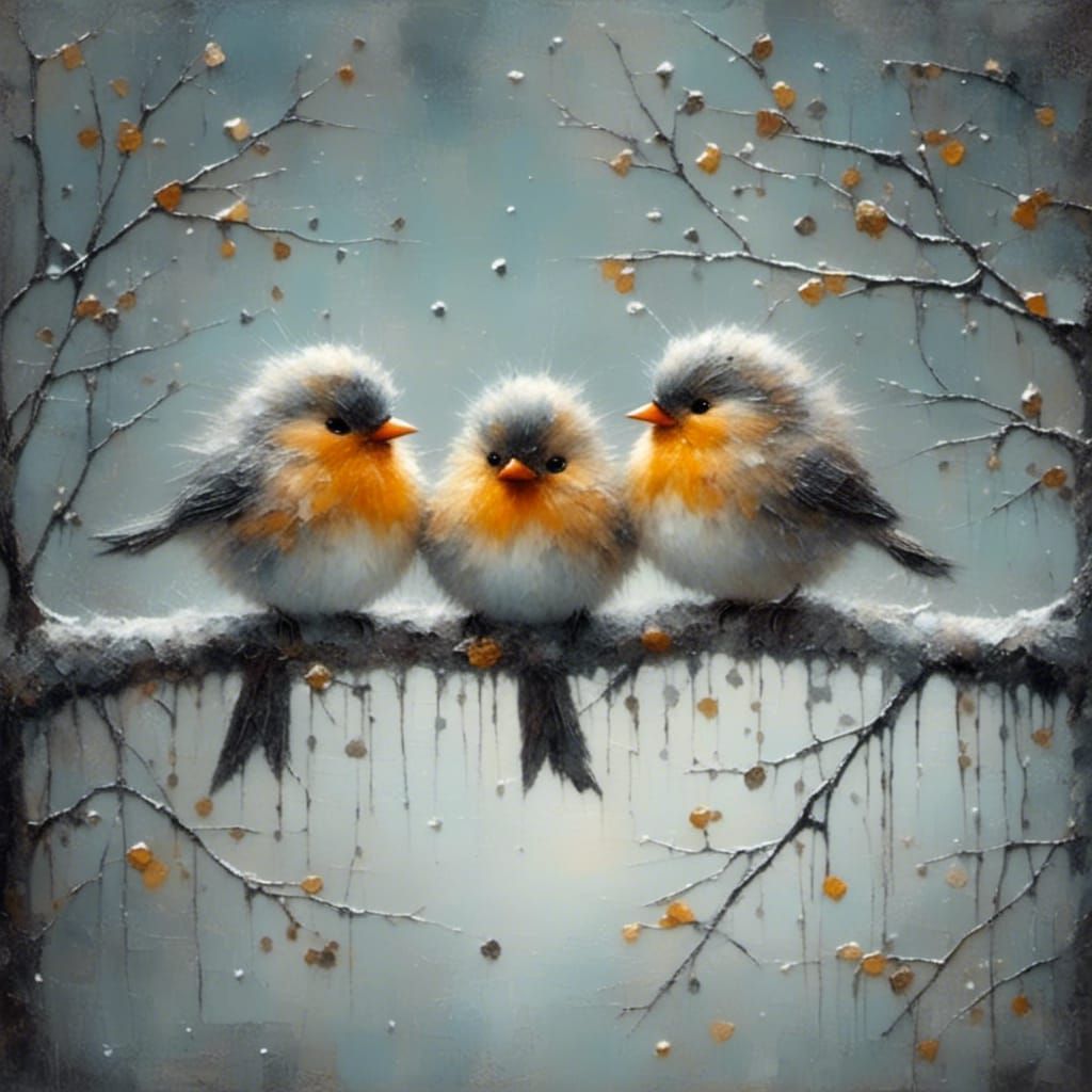 Fluffy Birds Huddle in Winter Snow, Whimsical Style