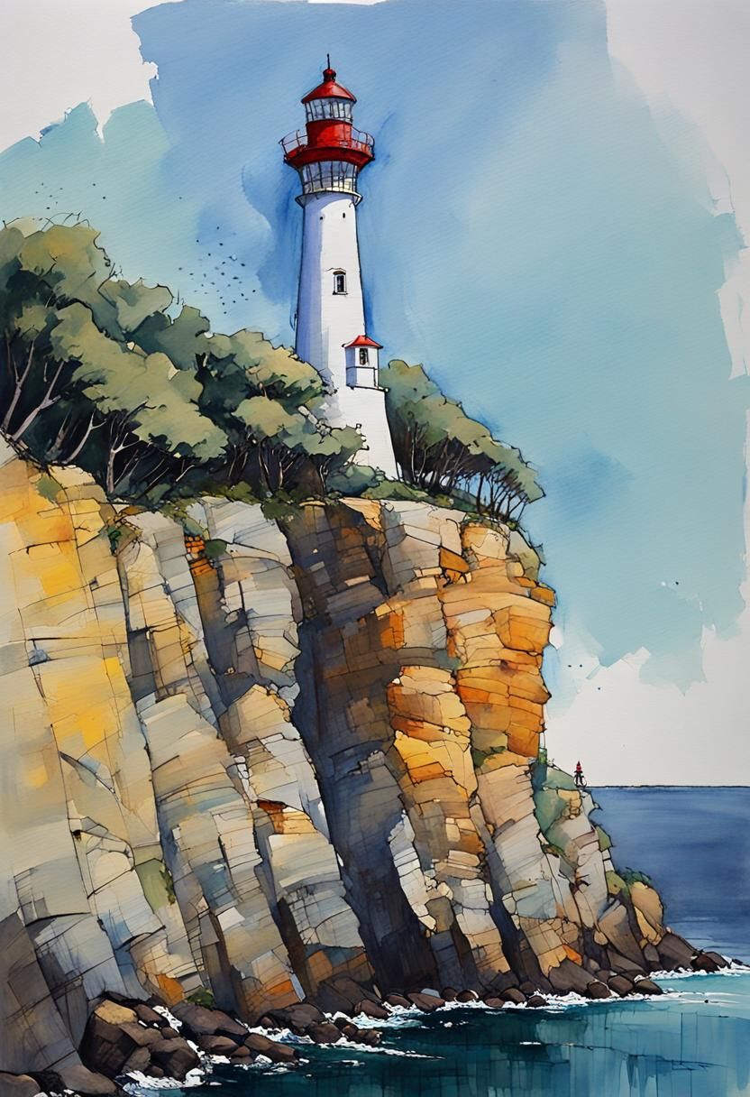 Lighthouse Painting with Bold Colors and Thick Outlines