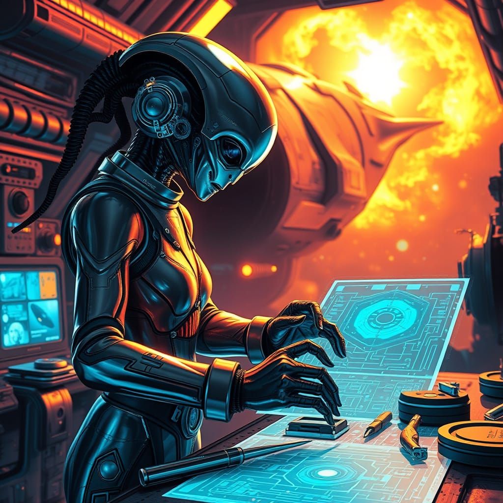 Alien Worker Builds Spaceship Amidst Nebula Glow