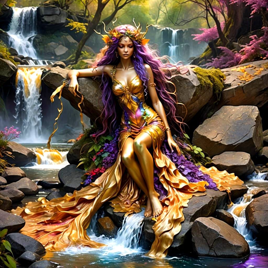 Golden Dryad by River with Multicolored Waterfalls