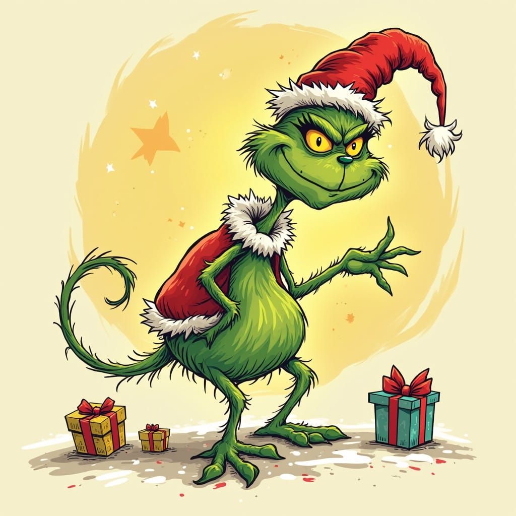 Whimsical Dr. Seuss Grinch Illustration in Vintage Cartoon S...