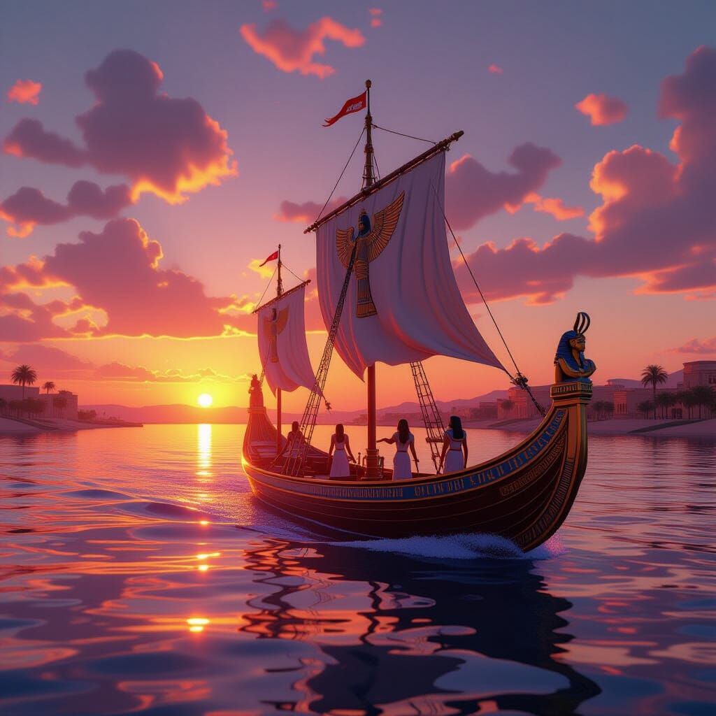 Queen Cleopatra's Royal Barge on the Nile at Sunset