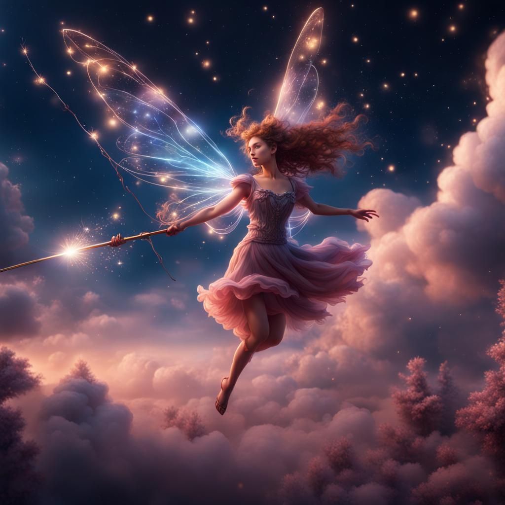 Fairy Flying in Dreamy Night Sky, Detailed Matte Painting