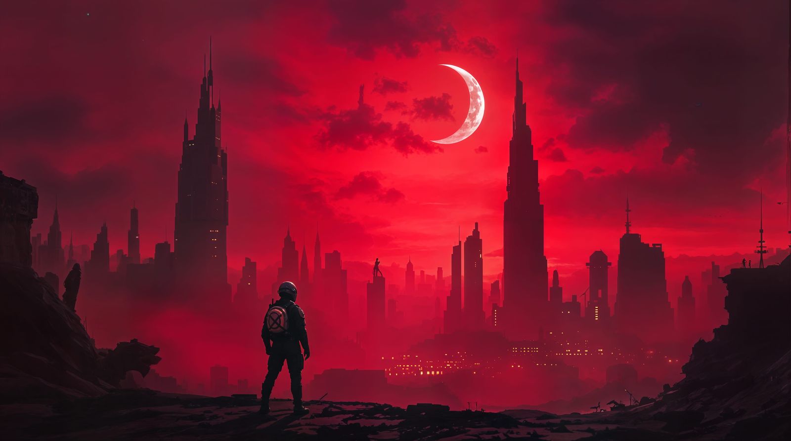 Futuristic Cityscape Under Crimson Sunset