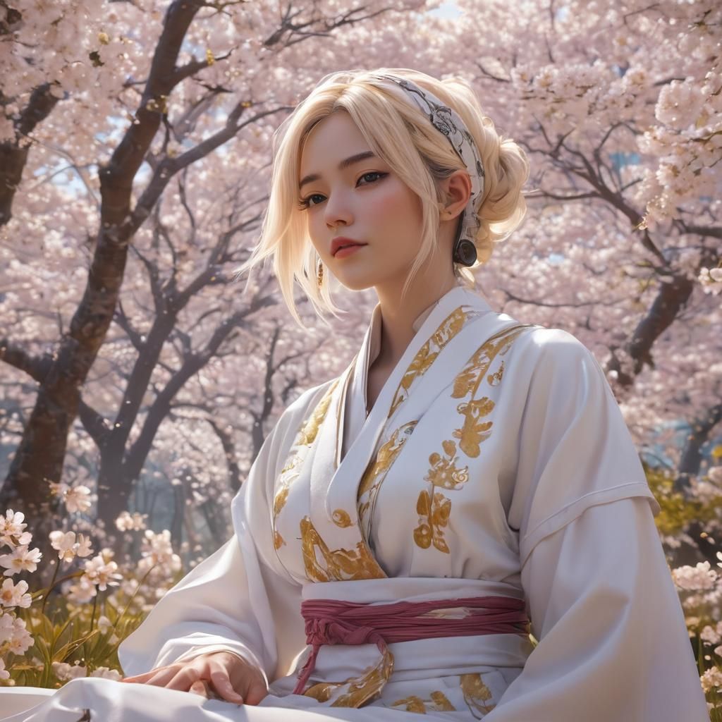 Anime Girl in Cherry Blossom Field with Robot