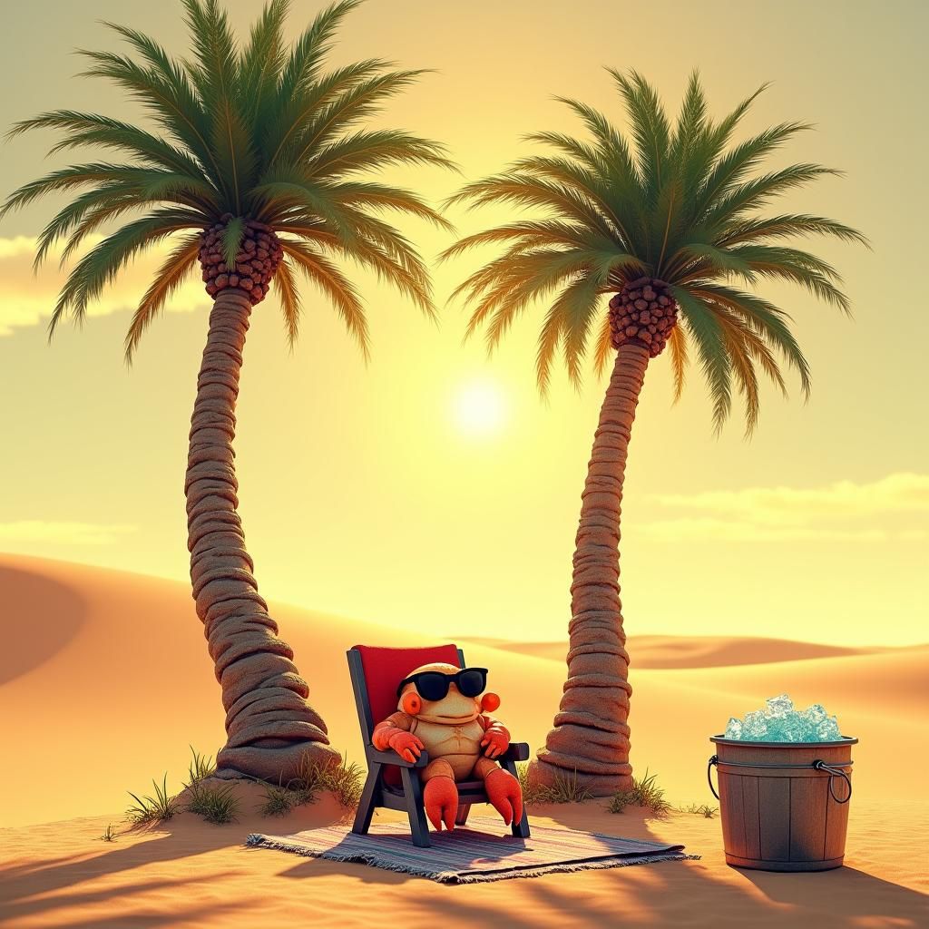 Desert Oasis: Palm Trees and Relaxing Crab