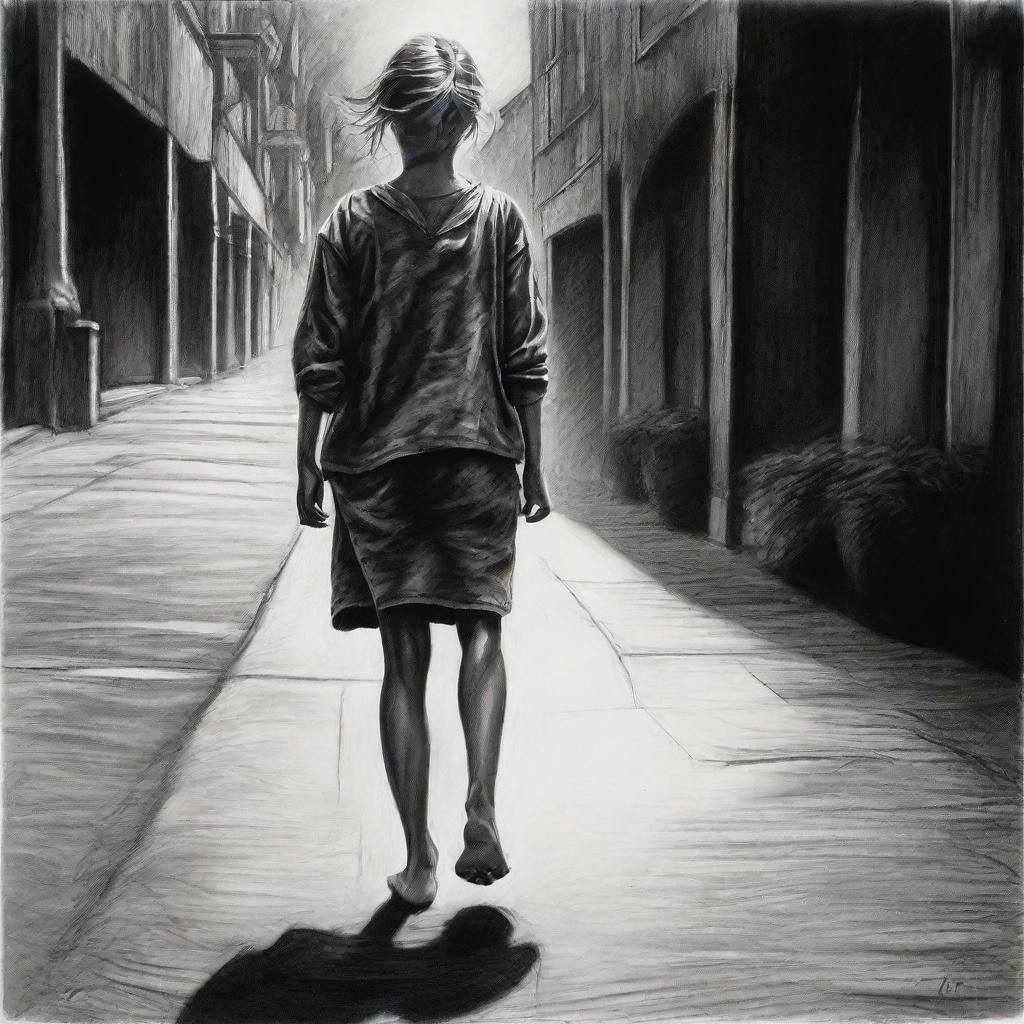 Girl Walks Barefoot: Hyper-Realistic Charcoal Drawing