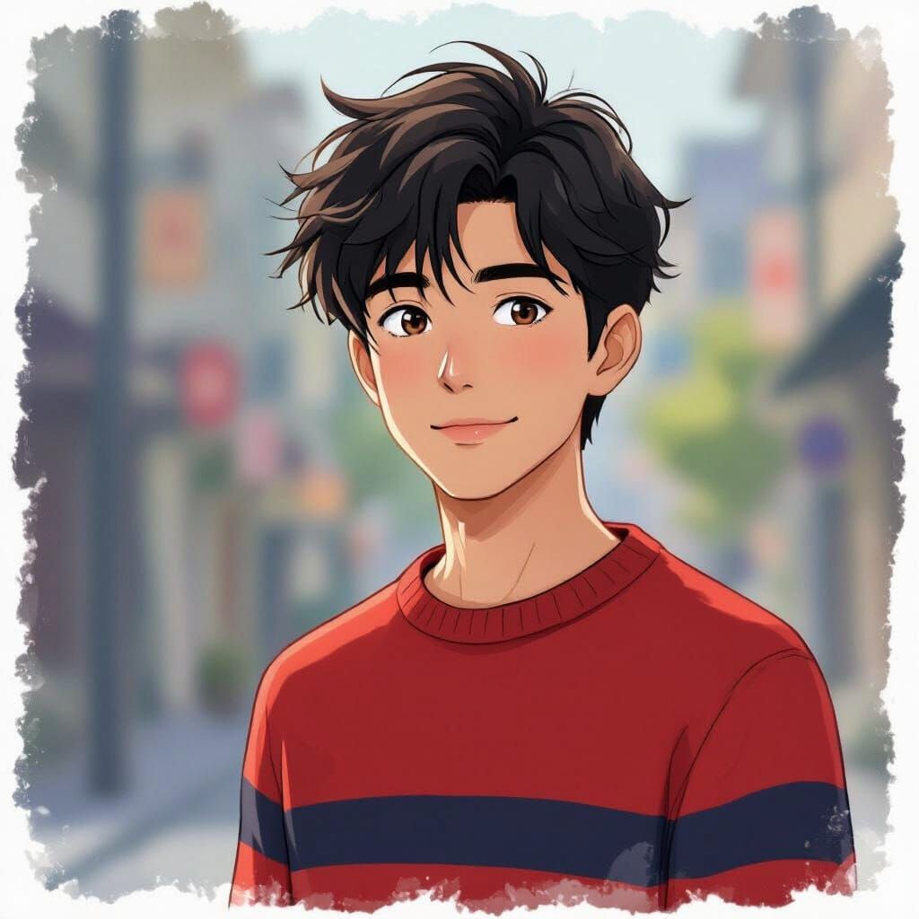 Anime-Style Man in Red Sweater with Urban Background