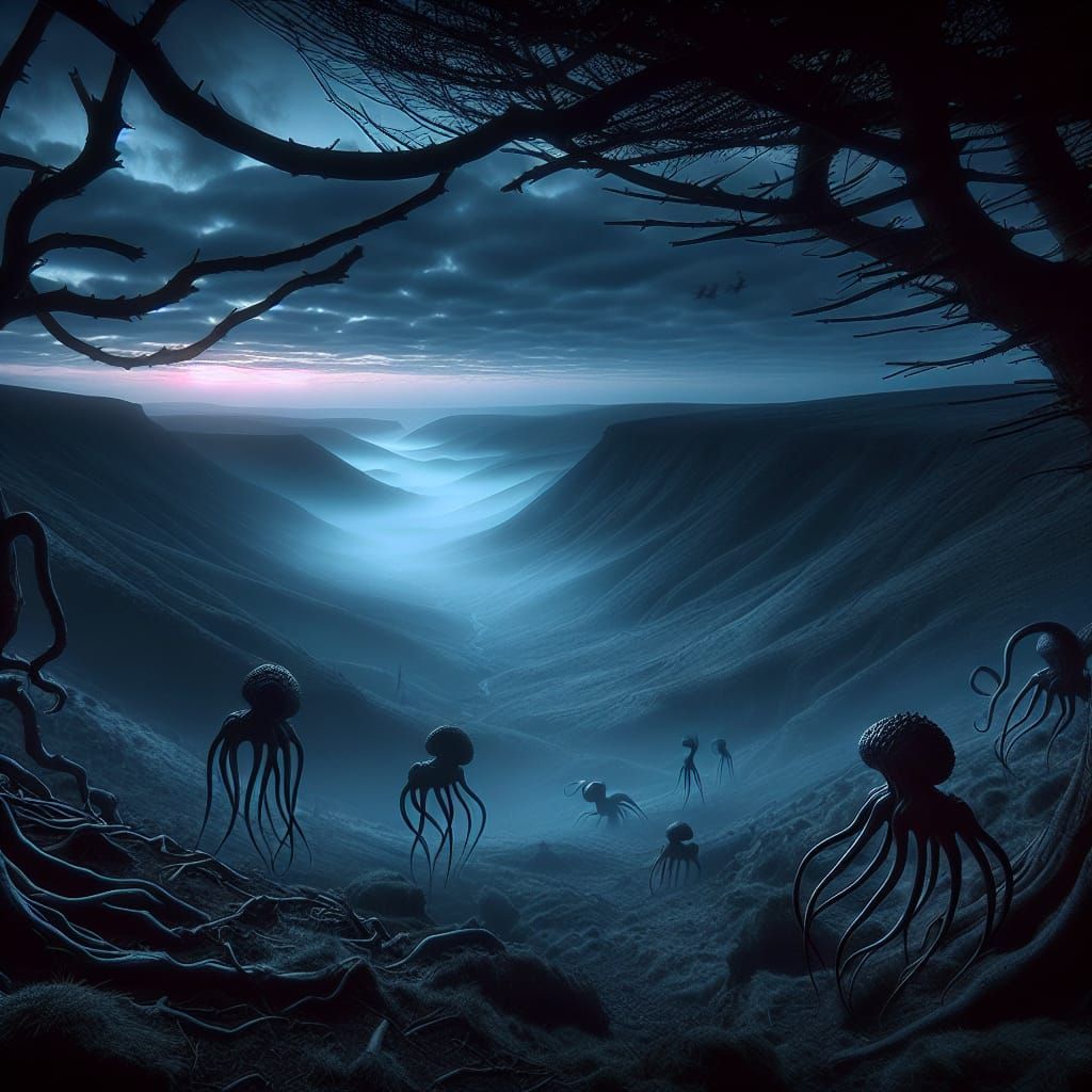 Eerie Twilight Valley of Alien Creatures