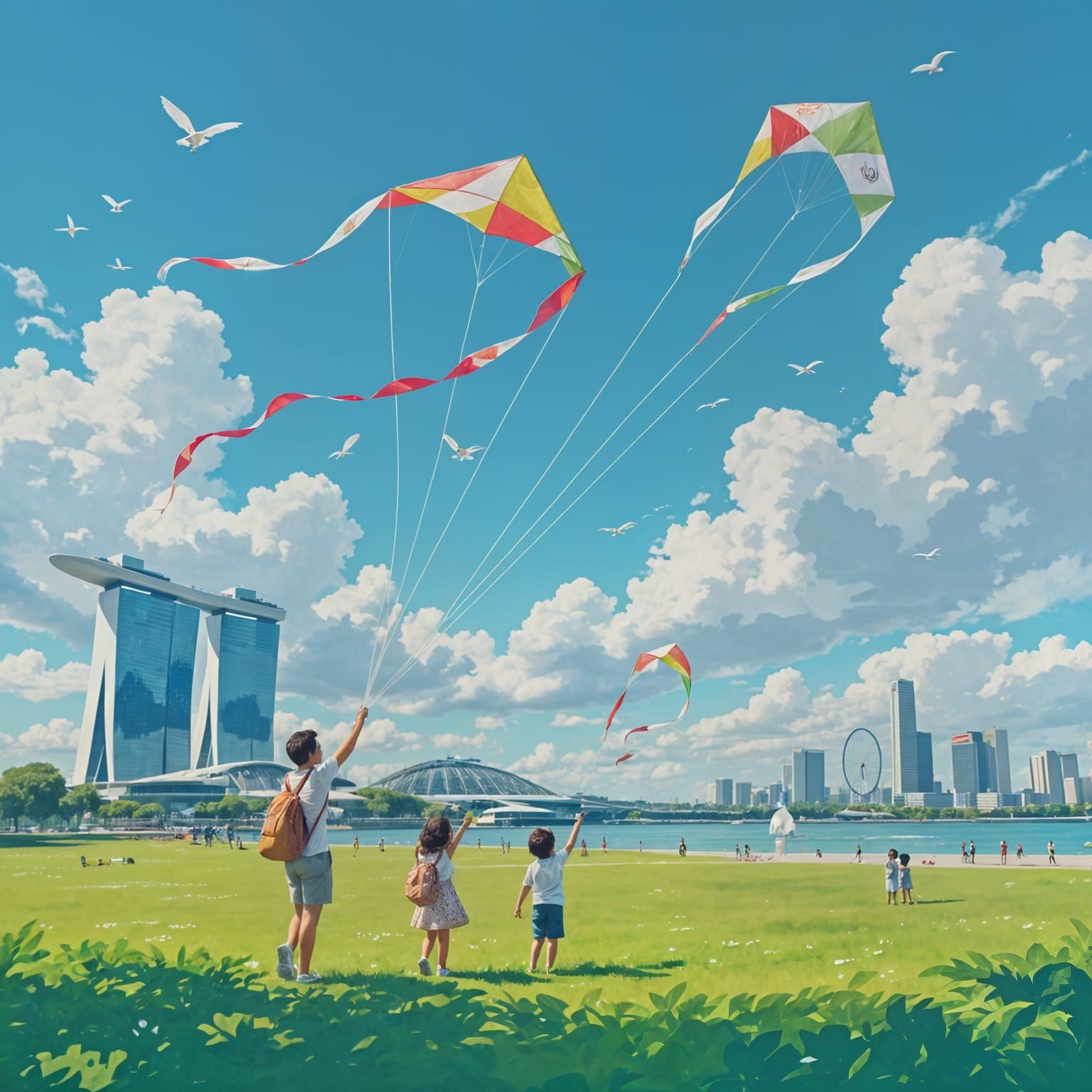 Families Flying Kites at Marina Bay on a Sunny Day