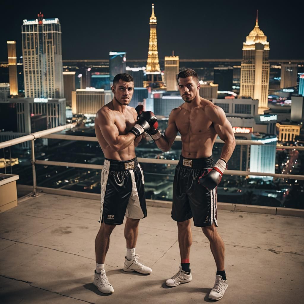 Boxers Posing on Vegas Strip Rooftop at Night