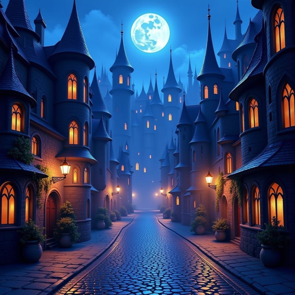 Whimsical Fantasy Cityscape at Night in Gothic Style