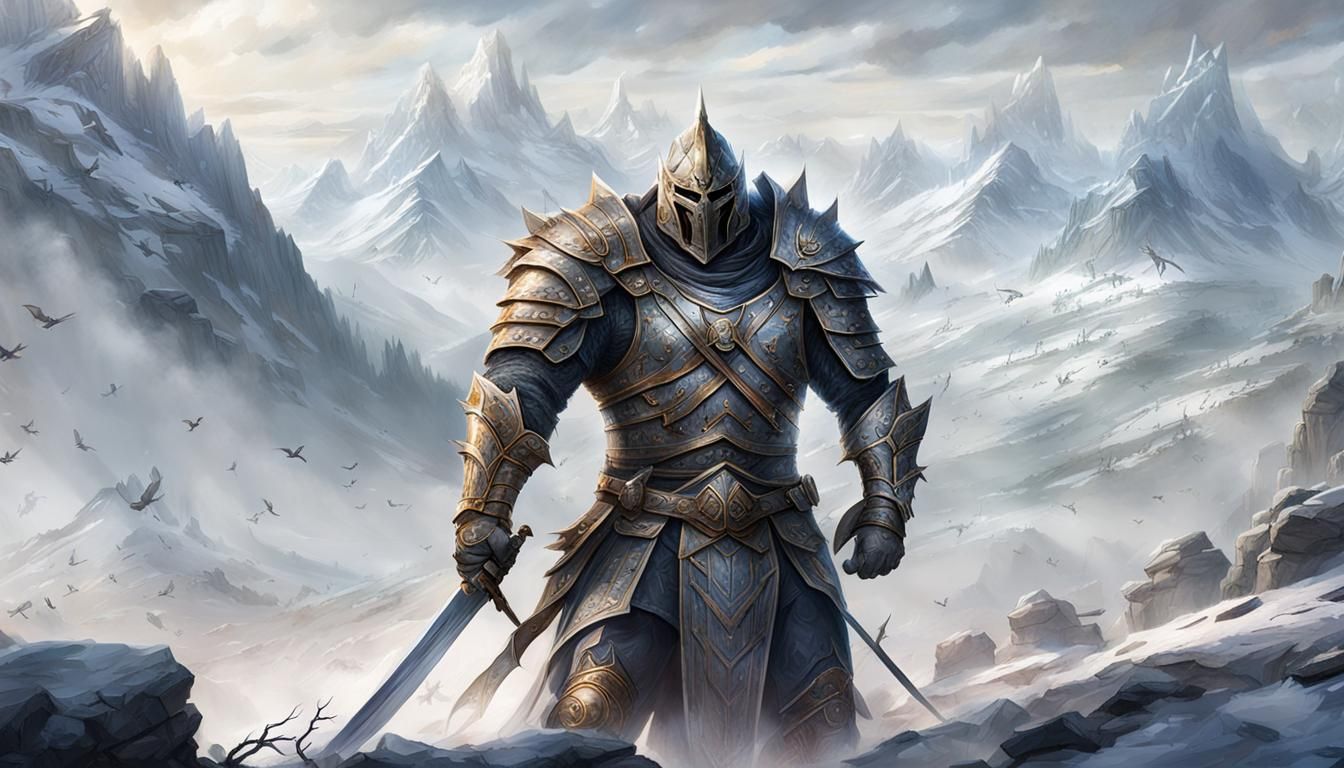 Manga Warrior with Flaming Sword in Rocky Landscape