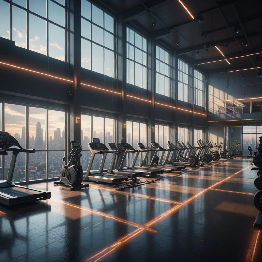 Vibrant Digital Art of a High-Rise Gym with City Views