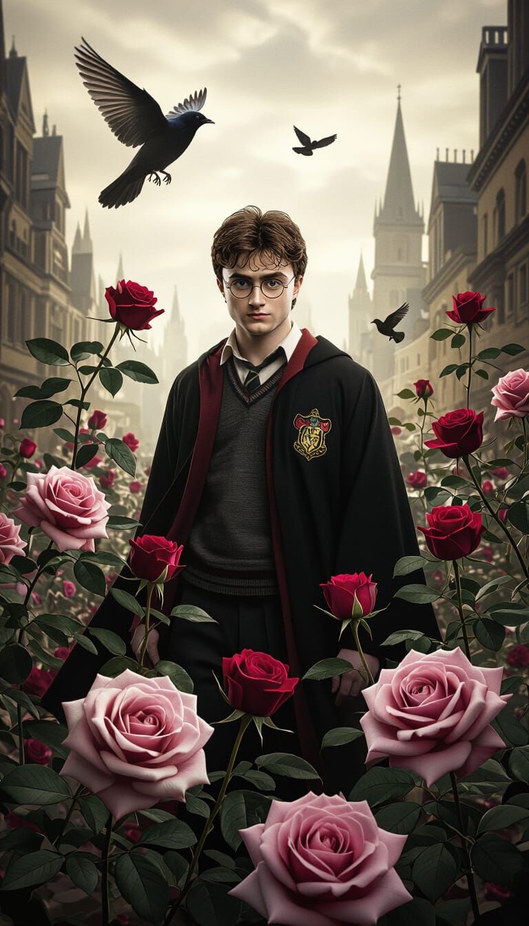 Harry Potter in Surreal Rose Garden, Salvador Dali Style