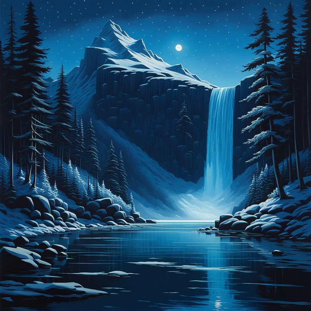 Blue Mountain Waterfall Landscape in Digital Art Style