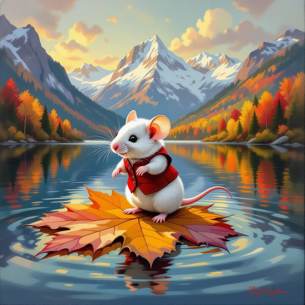 Mouse in Vest Swims on Autumn Leaf in Mountain Lake Oil Pain...