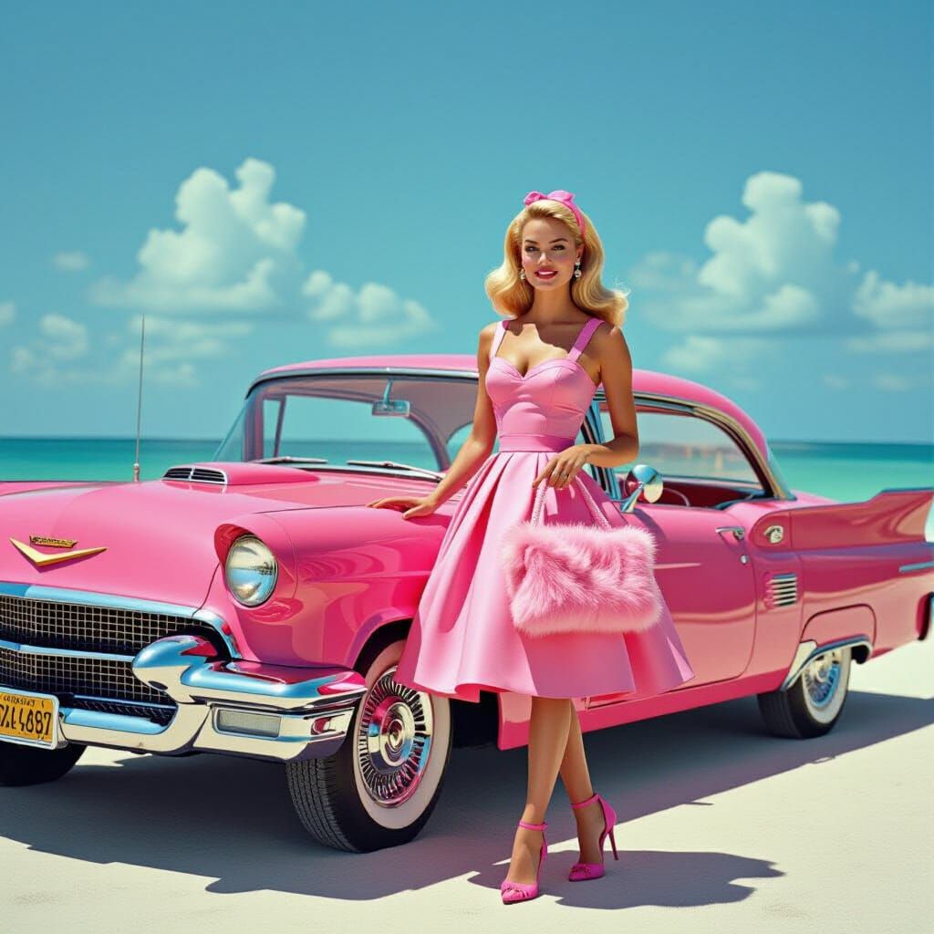 Barbiecore: Pink Cadillac on a Sunny Beach