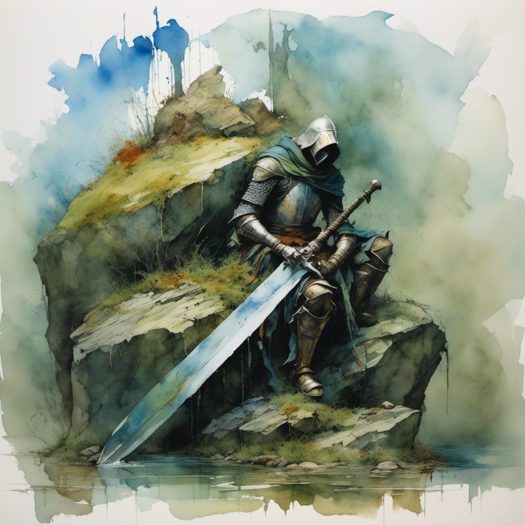 Knight and Sword in Stone: Watercolour Illustration