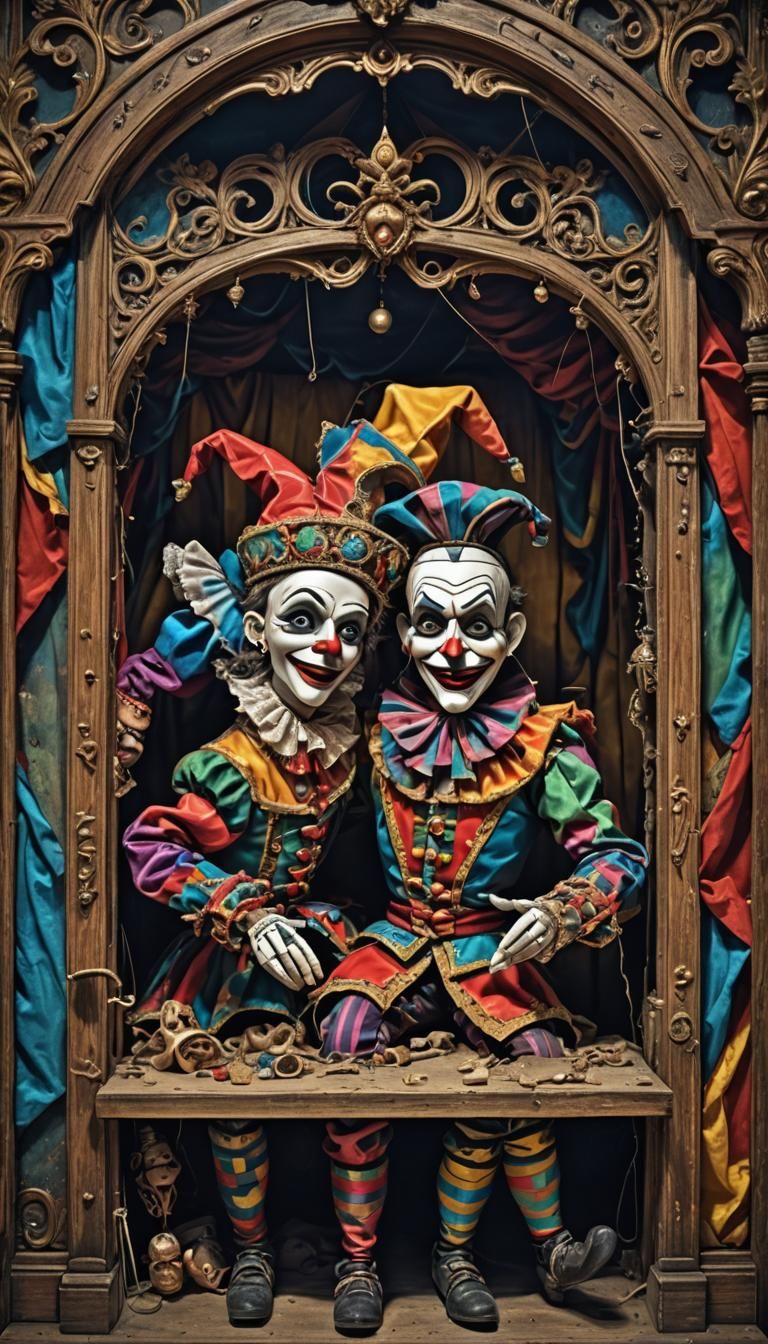 Abandoned puppet theatre , highly Detailed highly realistic 3D Surreal image detailed portrait  harlequin marionette ,fa...