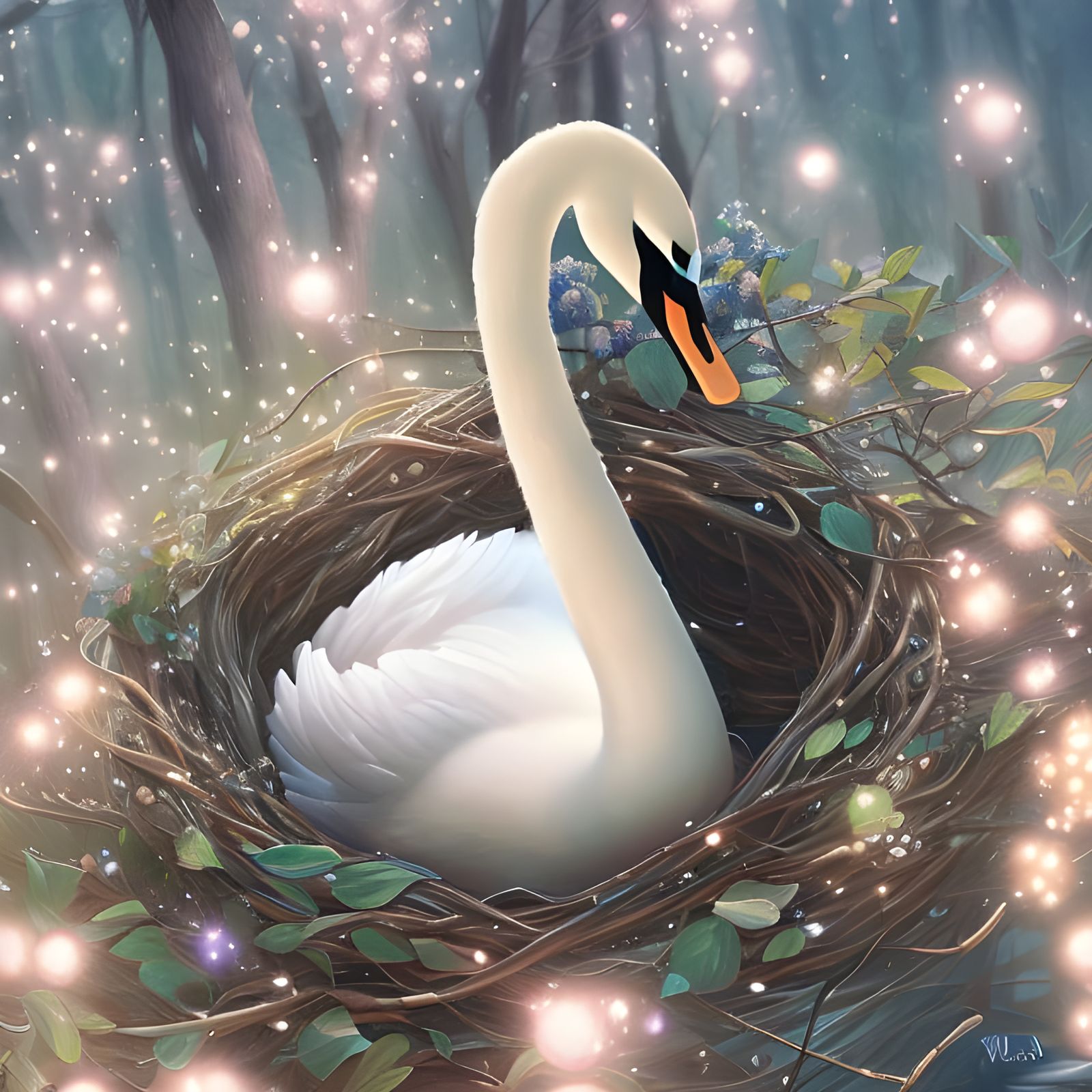 Magic Swan in Flower Nest Digital Illustration