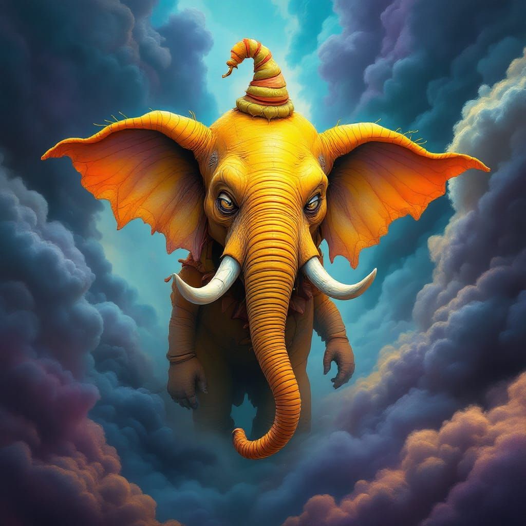 Elephant Clown in Surrealist Dreamscape, Digital Art