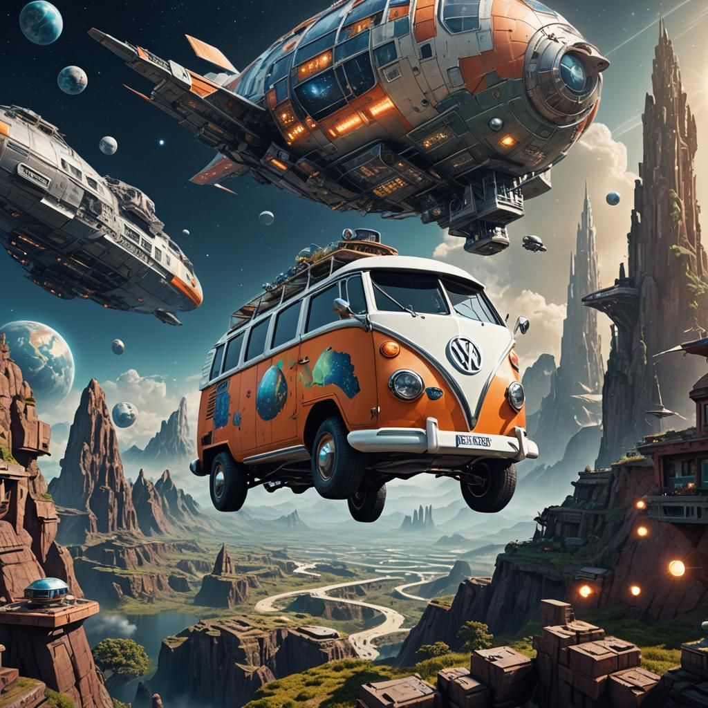 VW Bus Spaceship Orbiting Earth as Detailed Matte Painting