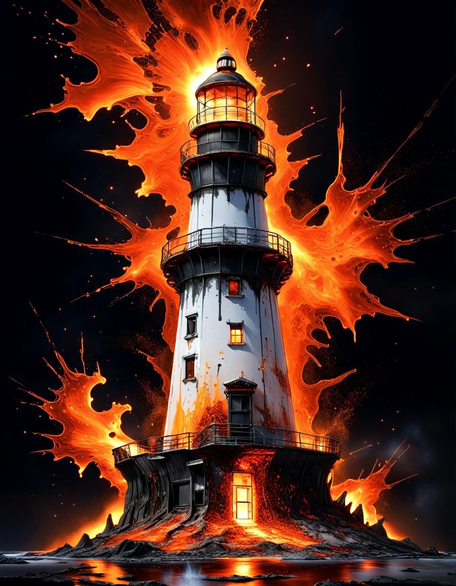 Molten Metal Lighthouse in Fiery Alcohol Ink Style