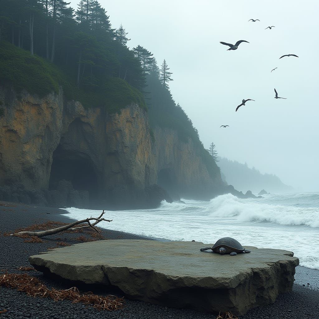 Hyperrealistic Coastal Scene: Rock Shelf, Caves, and Forest