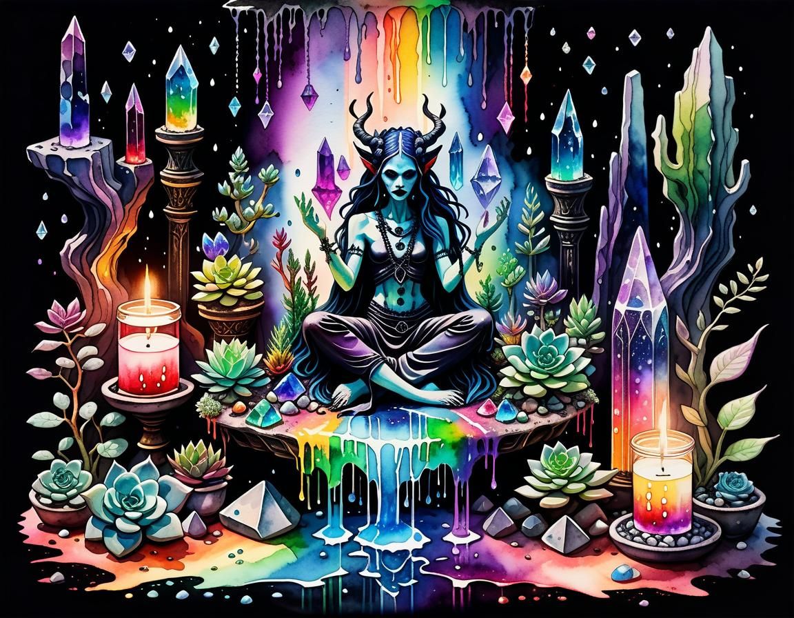 Gothic Demoness at Goddess Altar, Watercolour Art